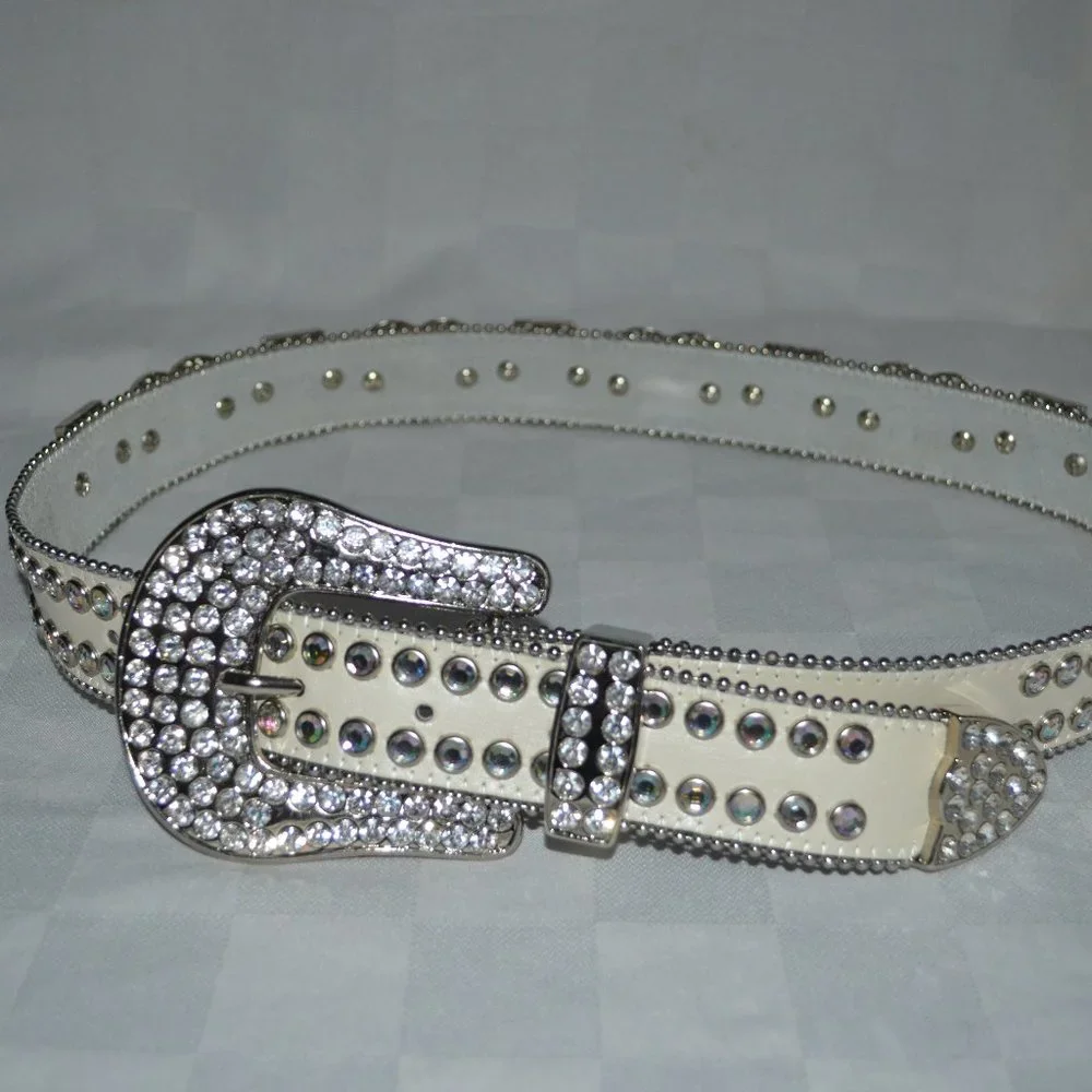 Sz S White Leather Swarovski Crystal Hearts Crosses Belt and Buckle